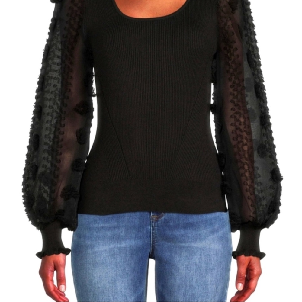 NWT Ribbed balloon sleeve sweater XS‎ black sheer embroidered textured
